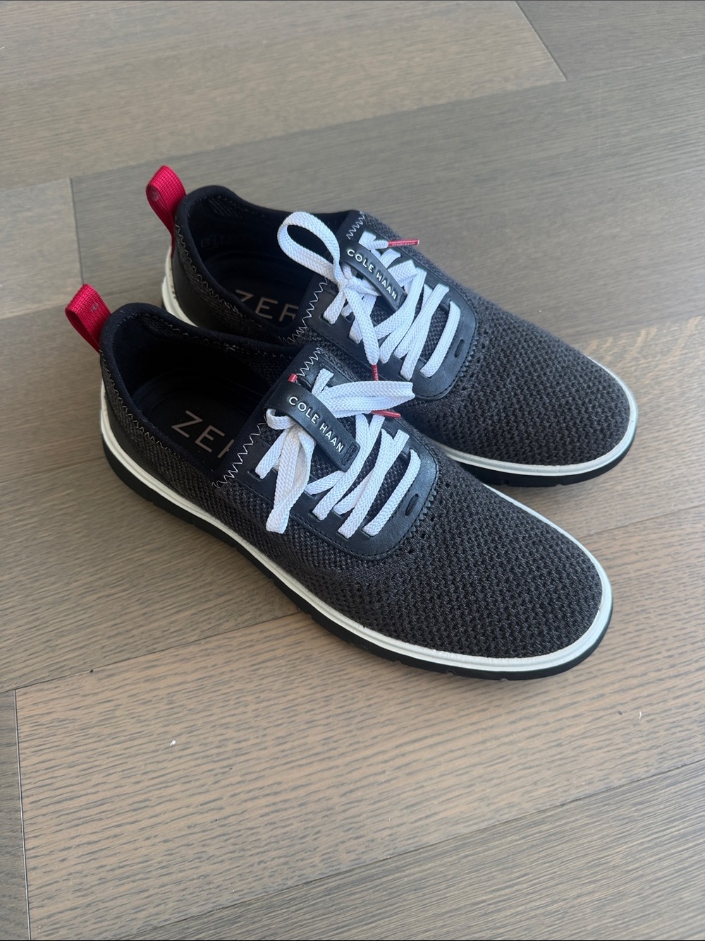 Cole Haan Black Knit Sneakers with White Laces and Red Heel Tab